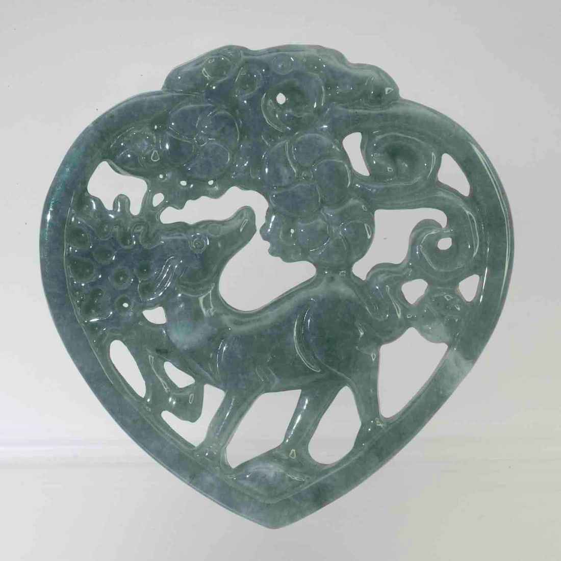 Chinese Carved Natural Blue Green Jadeite Deer Openwork Pendant: Medium: Natural Blue Green Jadeite Size: 2.1x2.1x0.3 inches Age/Detail: Chinese Carved Condition: great overall, check photo for condition reference. Provenance: Collection from Estate in