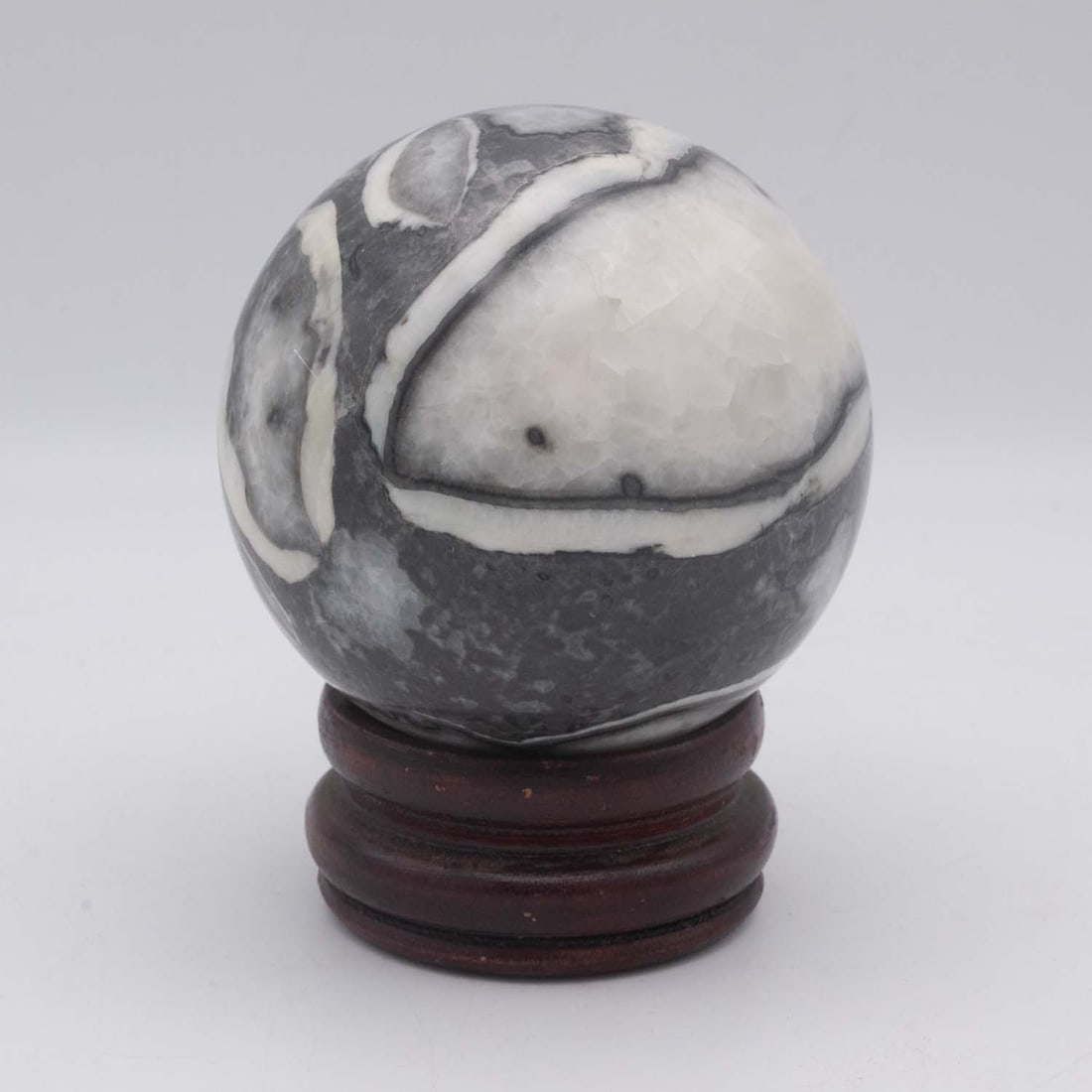 Zebra Marble Sphere Sphere on Stand: Medium: Zebra Marble Sphere Size: 3x3x4 inches Age/Detail: Condition: great overall, check photo for condition reference. Provenance: Collection from Estate in Williamsburg Please view all the photos