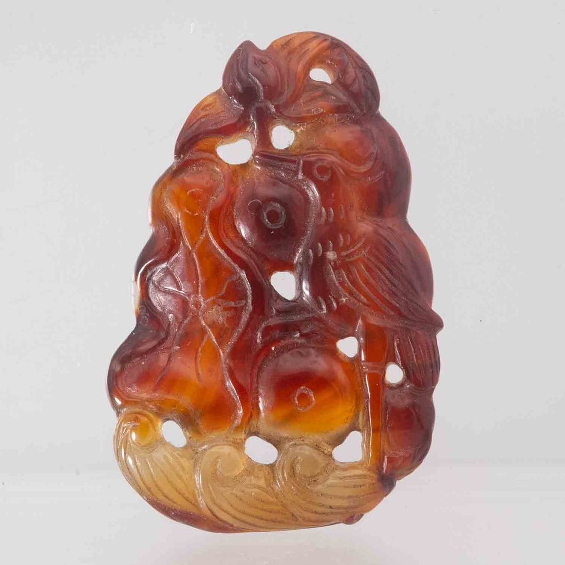 Old Chinese Carved Red Agate Bird And Gourd Pendant