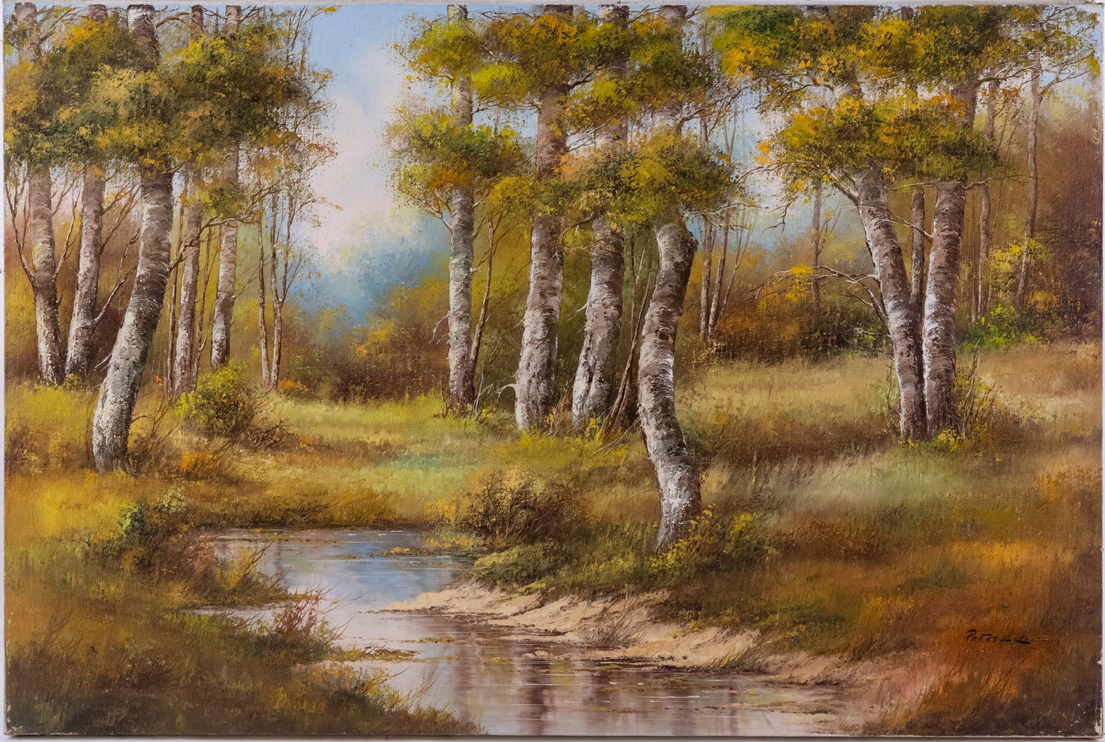 Vintage Scenic Oil On Canvas "Stream Near Woods": Title: Stream Near Woods Medium: Oil On Canvas Size: 24 x 36 inches Age: Vintage Condition: Great Overall All Signature: Signed Provenance: Collection From Glen Cove Please view all the photos as they