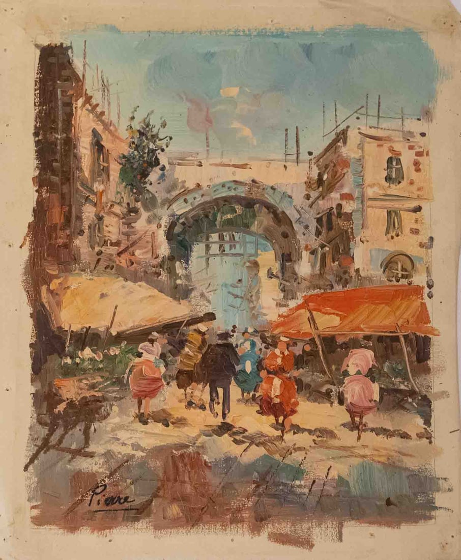 Vintage Impressionist Oil On Canvas "Street Scene": Title: Street Scene Medium: Oil On Canvas Size: 16 x 13 inches Age: Vintage Condition: Great, please check photo for condition reference Provenance: Estate in Tribeca Please view all the photos as the
