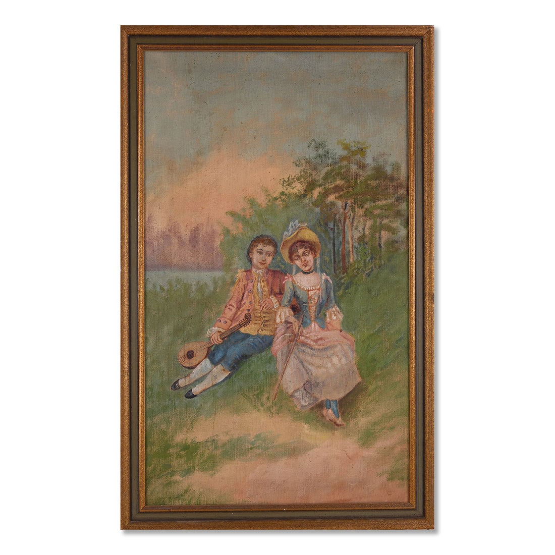 Early 20th Century Traditional Oil On Canvas "Loving Couple": Title: Loving Couple Medium: Oil On Canvas Size: 27 x 16 inches Frame: 33.5 x 22.5 inches Age: Early 20th Century Condition: Great Overall Signature: Unsigned Provenance: Collection from Estate in Mou