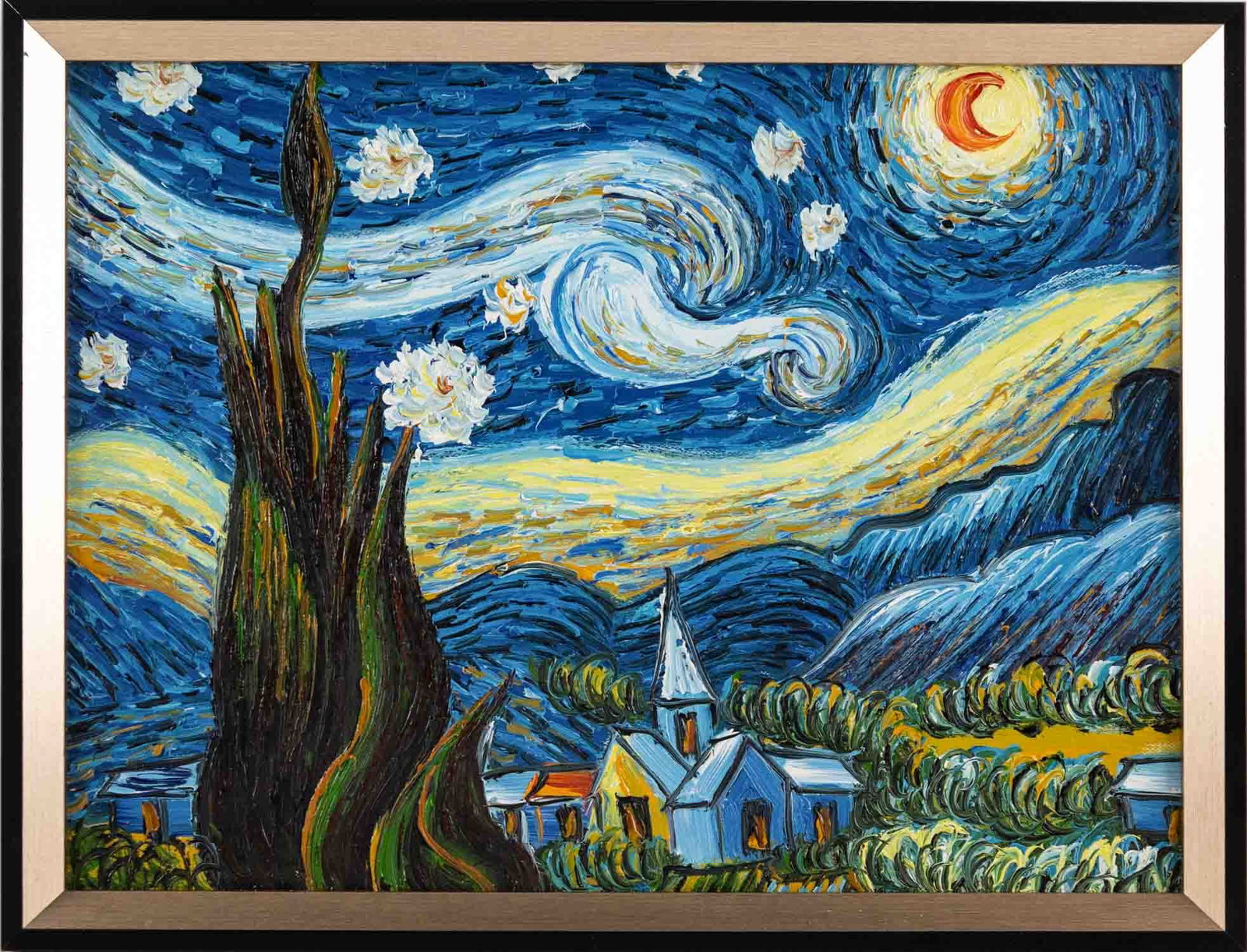 After Van Gogh Acrylic On Canvas "Starry Night": Title: Starry Night Medium: Acrylic On Canvas Size: 16 x 12 inches Frame: 17 x 13 inches Age: Condition: Great, hand painted, please check photo for condition reference Provenance: Please view all the