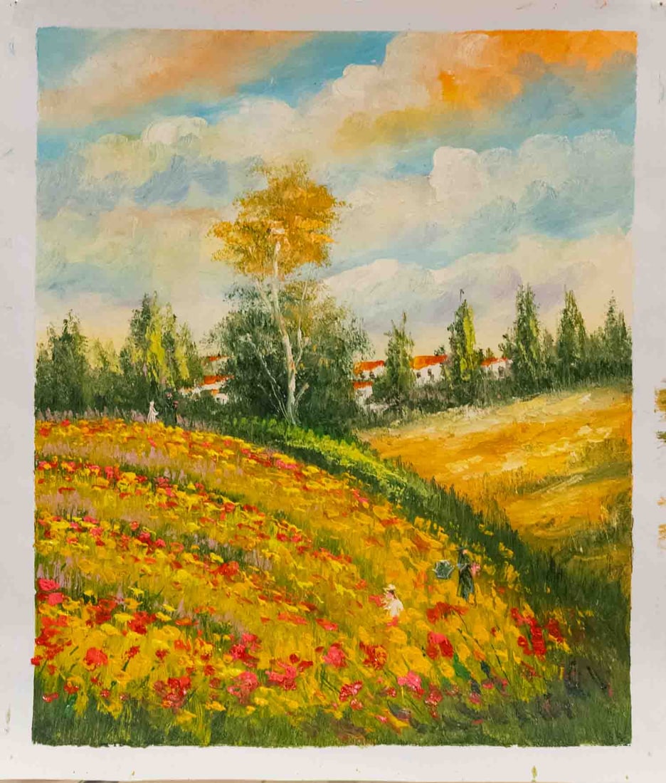 Impressionist Acrylic On Canvas "Landscape With Poppies": Title: Landscape With Poppies Medium: Acrylic On Canvas Size: 24 x 20 inches Condition: Great, hand painted, please check photo for condition reference Provenance: Please view all the photos as they a