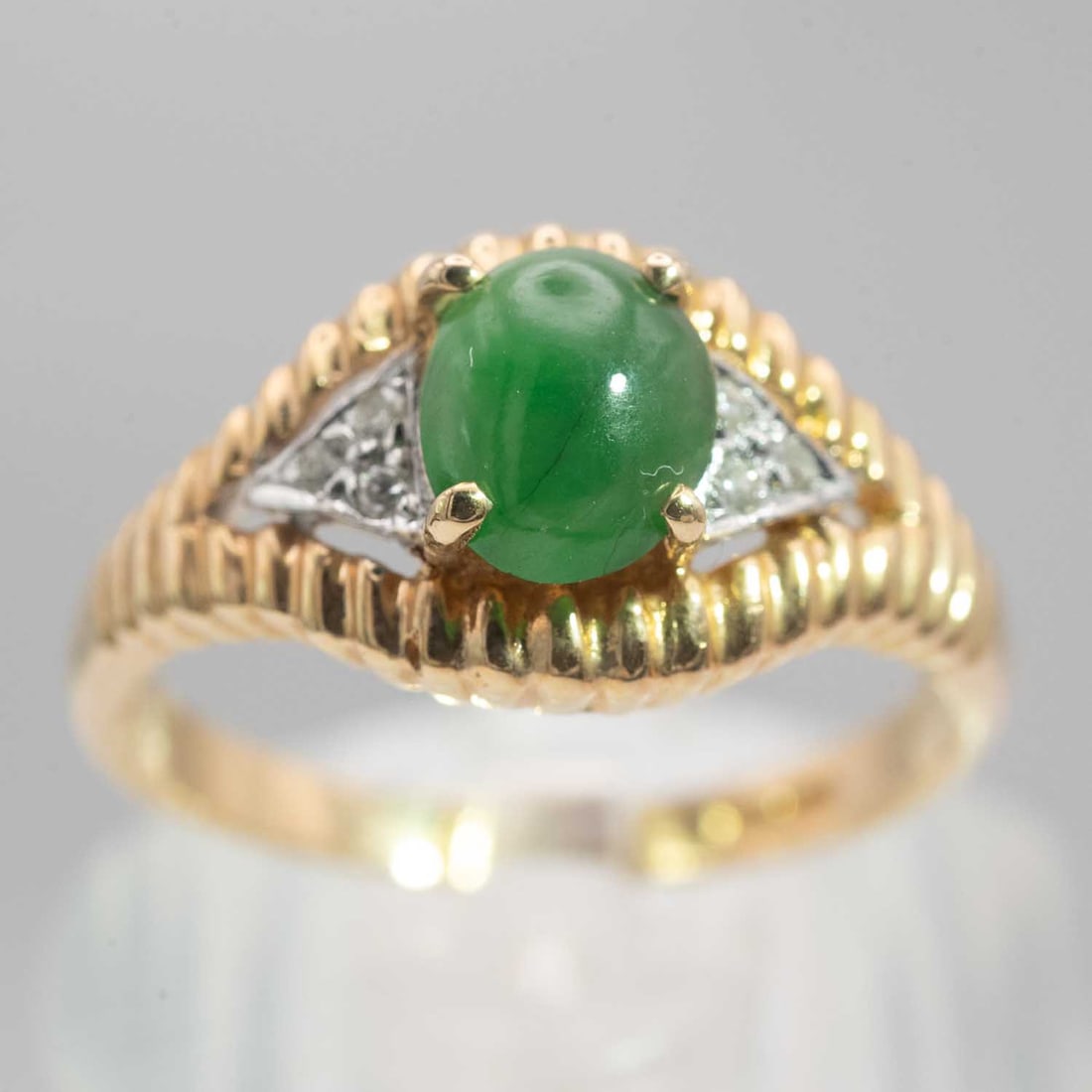 14k Gold Natural Icy Green Jade Cabochon Ring: Medium: Natural Icy Green Jade Cabochon Size: US6.5, 3.4gram Age/Detail: 14k Gold Condition: great overall, check photo for condition reference. Provenance: Collection from Estate in Williamsburg