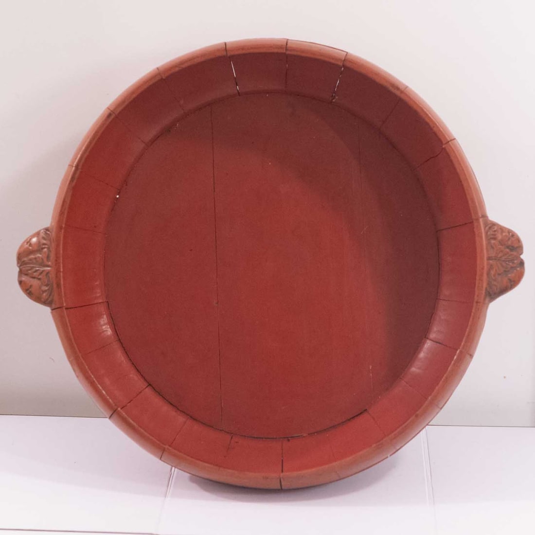 Antique Chinese Red Lacquered Wood Washing Basin with Peach Handles