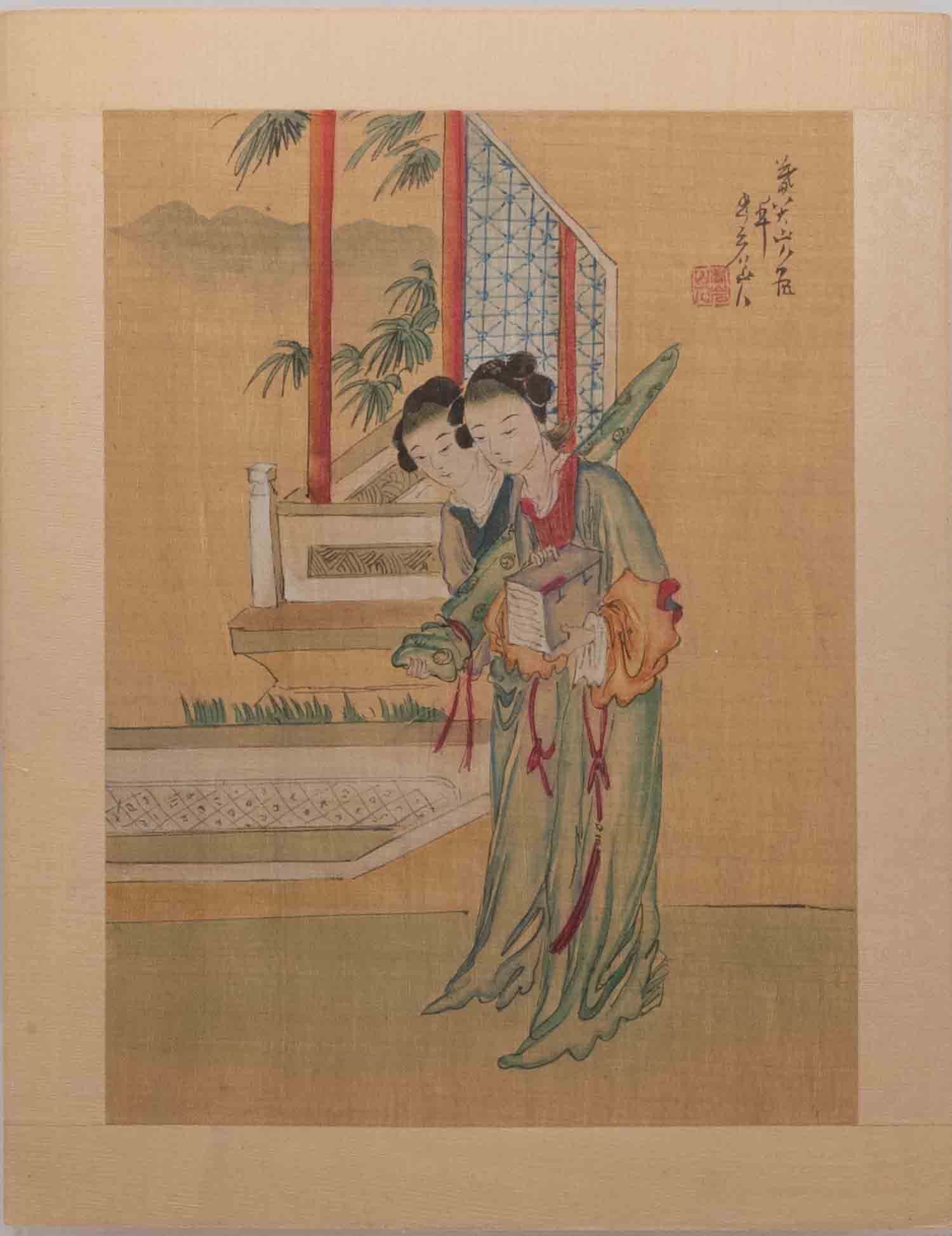 Old Chinese 20th Century Hand Painted Watercolor On Silk Court Ladies: Medium: Watercolor On Silk Size: 8.8x11.2 inches Age/Detail: Old Chinese 20th Century Hand Painted Condition: great overall, check photo for condition reference. Provenance: Collection from Estate in 
