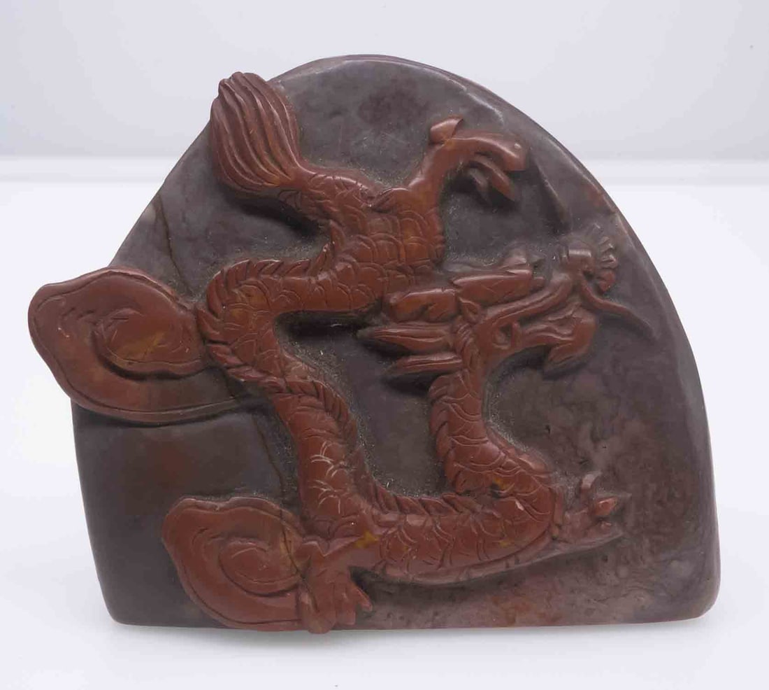 Antique Chinese Hand Carved Dragon Shoushan Stone Relief Sculpture: Medium: Shoushan Stone Size: 3x3x0.5 inches Age/Detail: Antique Chinese Hand Carved Dragon Condition: Great Provenance: Collection from Estate in Tribecca Please view all the photos as they are part o
