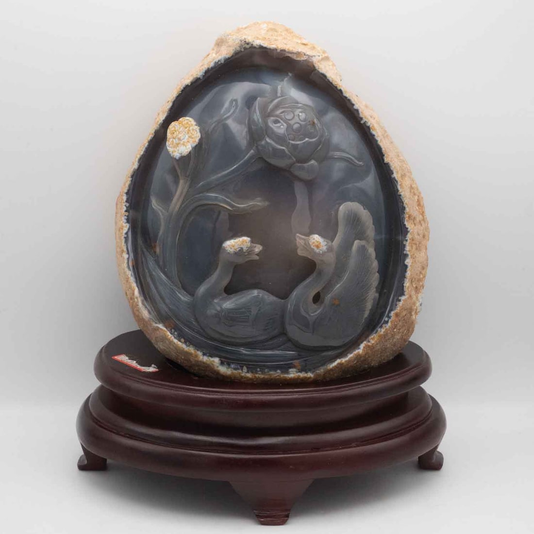 Chinese Carved Natural Agate Lotus And Swan Geode Figure (1 of 8)