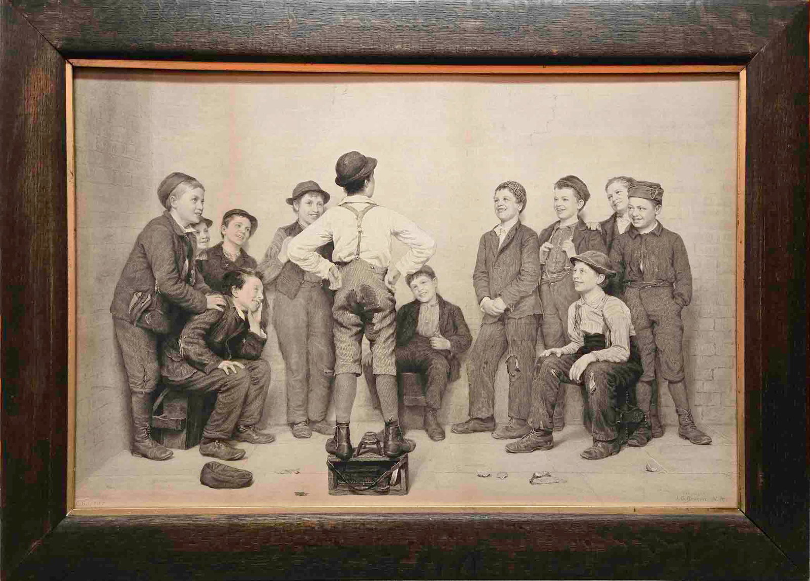 Early 20th Century John George Brown Monochrome Print On Paper "The Stump Speaker": Title: The Stump Speaker Medium: Monochrome Print On Paper Size: 20 x 30 inches Frame: 25 x 35 inches Age: Early 20th Century Condition: Great, please check photo for condition reference Provenance: P