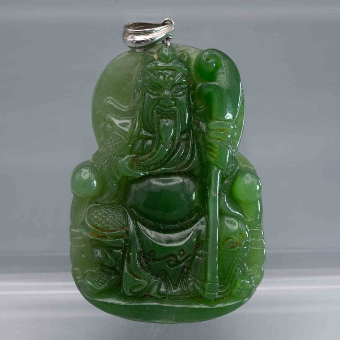 14k Gold Latch Natural Icy Green Jade Guanyu Pendant