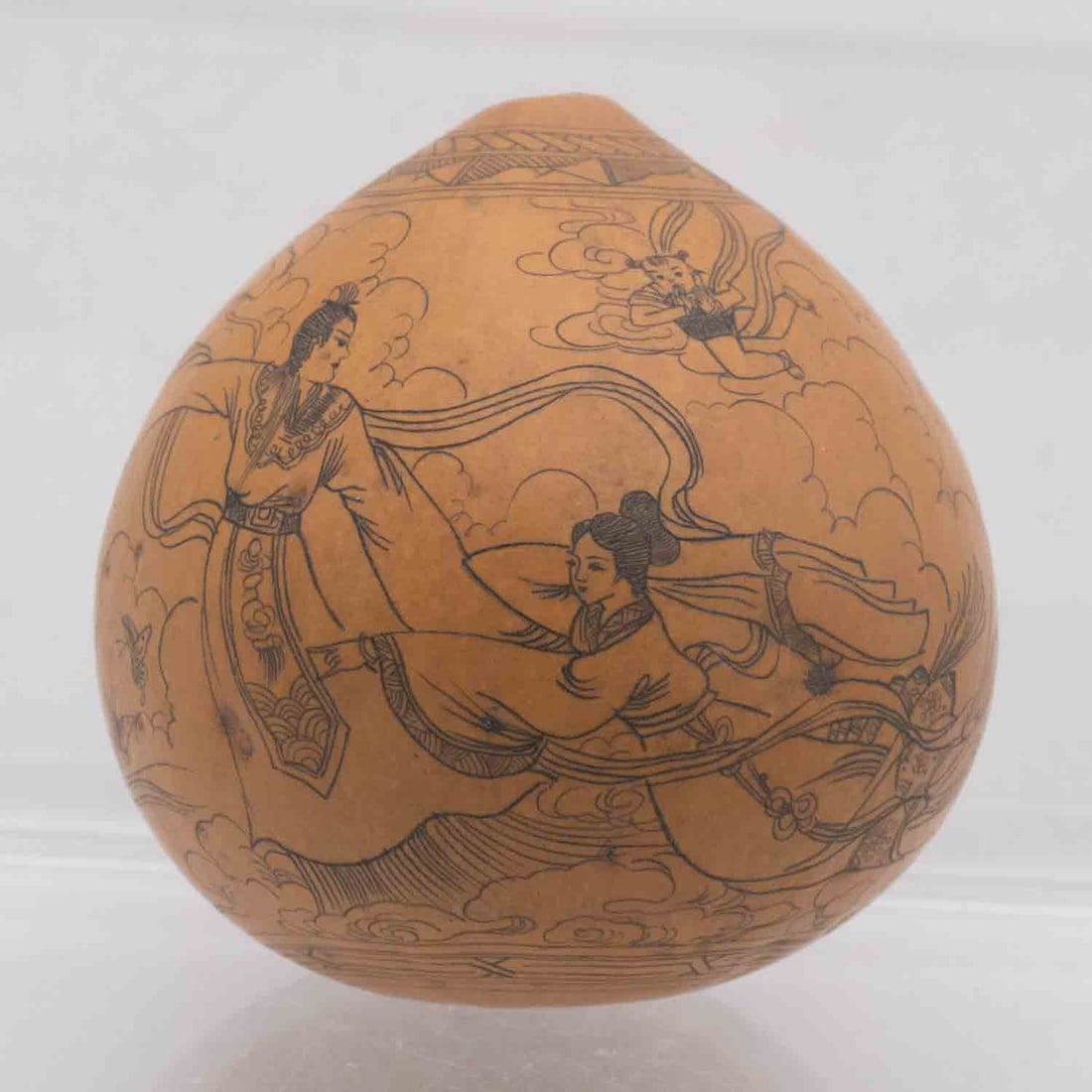 Old Chinese Pyrography Gourd With Celestial Maiden Scene