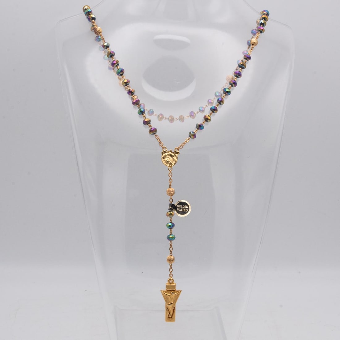 Catholic Rosary Style Gold Plated Crucifix Necklace: Medium: Gold Plated Size: 15inches long Age/Detail: Catholic Rosary Style Condition: great overall, check photo for condition reference. Provenance: Collection from Estate in Williamsburg Please view 
