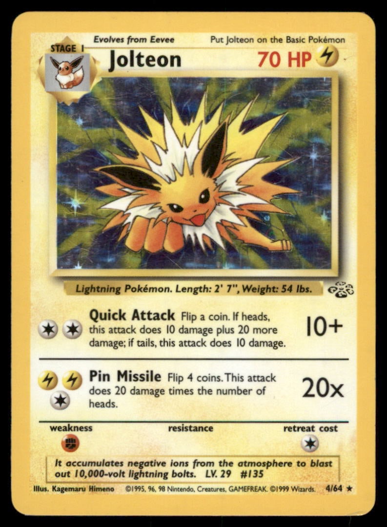 Jolteon 4/64 Jungle Pokemon Card Unlimited Holo: We offer combined shipping on multiple items. Buyers may also arrange their own shipping. LiveShipping is a separate and independent option for shipping that is NOT a part of the auction house or thei