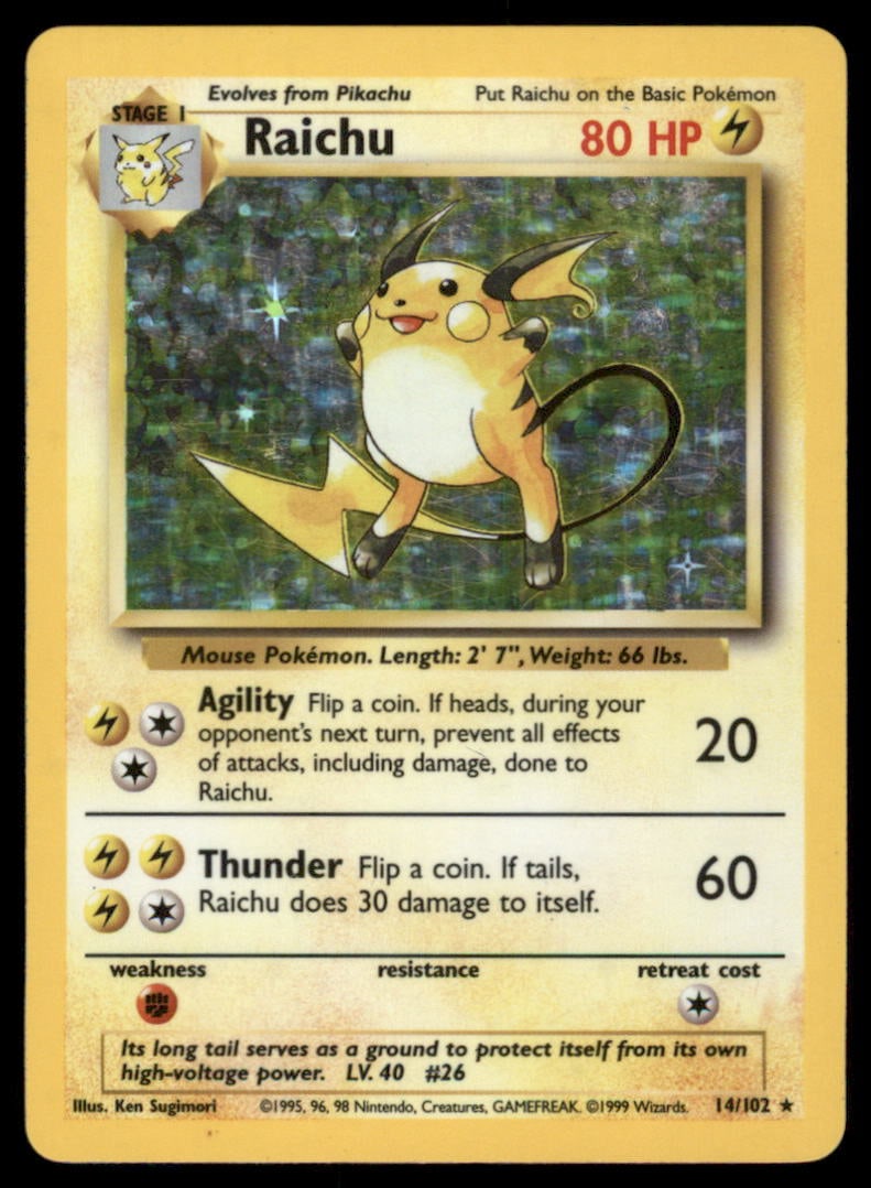 Raichu 14/102 Holo Base Set Unlimited Pokemon Card: We offer combined shipping on multiple items. Buyers may also arrange their own shipping. LiveShipping is a separate and independent option for shipping that is NOT a part of the auction house or thei