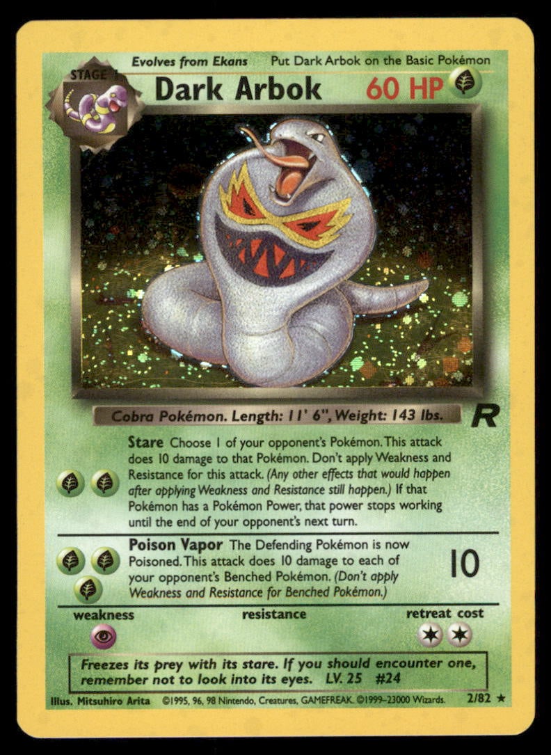 Dark Arbok 2/82 Team Rocket Pokemon Card Unlimited Holo: We offer combined shipping on multiple items. Buyers may also arrange their own shipping. LiveShipping is a separate and independent option for shipping that is NOT a part of the auction house or thei