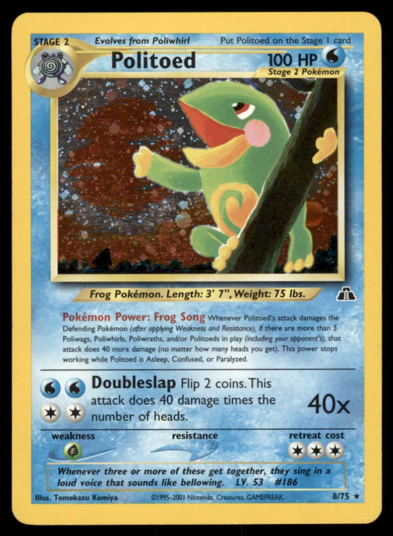 Politoed 8/75 Neo Discovery Pokemon Card Unlimited Holo: We offer combined shipping on multiple items. Buyers may also arrange their own shipping. LiveShipping is a separate and independent option for shipping that is NOT a part of the auction house or thei
