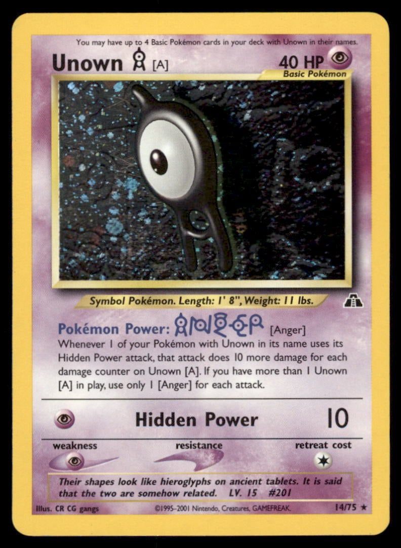 Unown [A] 14/75 Neo Discovery Pokemon Card Unlimited Holo: We offer combined shipping on multiple items. Buyers may also arrange their own shipping. LiveShipping is a separate and independent option for shipping that is NOT a part of the auction house or thei