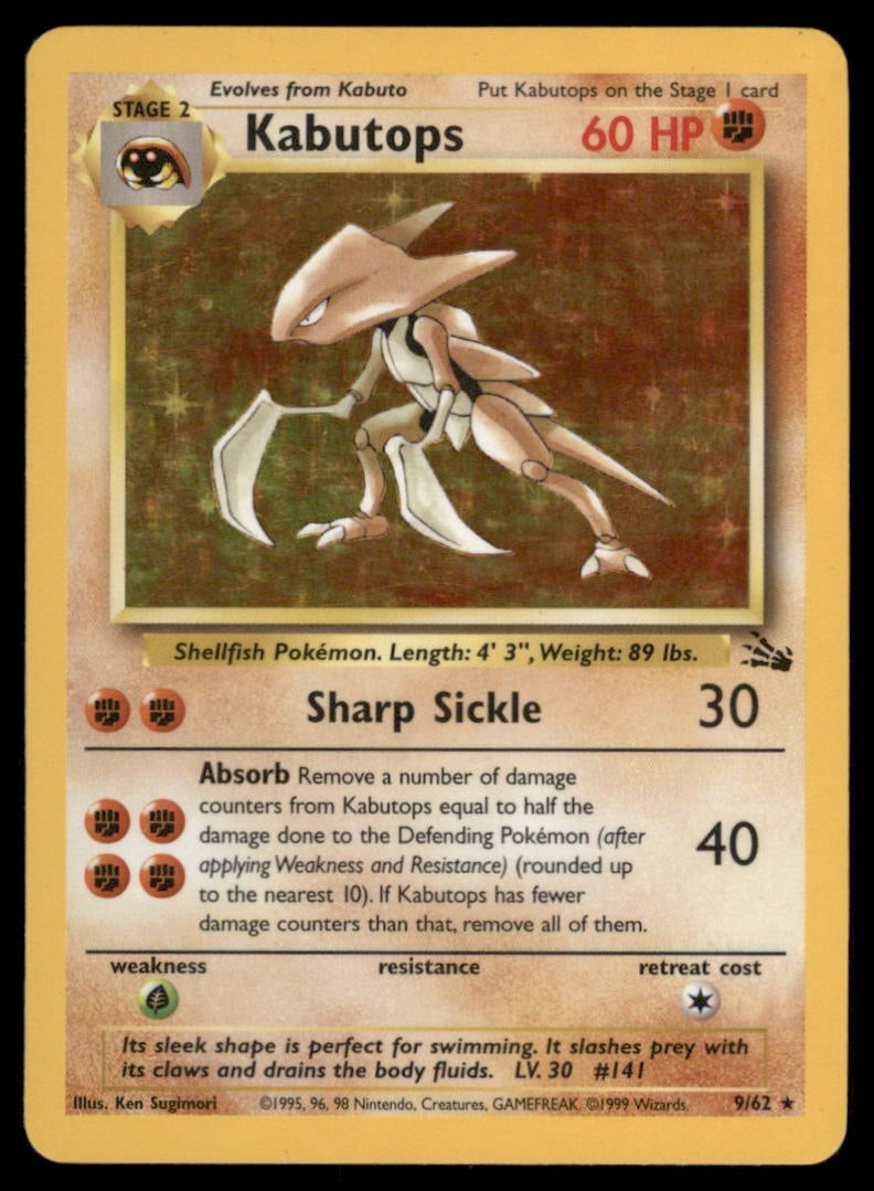 Kabutops 9/62 Fossil Pokemon Card Unlimited Holo: We offer combined shipping on multiple items. Buyers may also arrange their own shipping. LiveShipping is a separate and independent option for shipping that is NOT a part of the auction house or thei