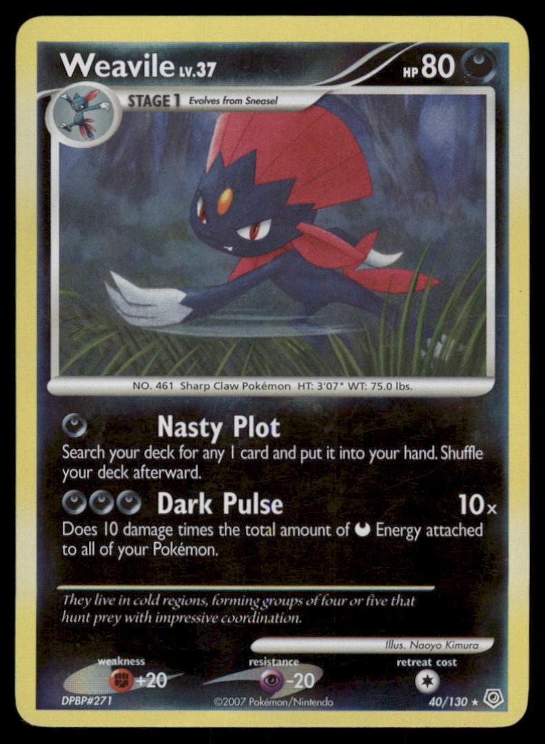 Weavile 40/130 Diamond & Pearl Pokemon Card Reverse Holo: We offer combined shipping on multiple items. Buyers may also arrange their own shipping. LiveShipping is a separate and independent option for shipping that is NOT a part of the auction house or thei