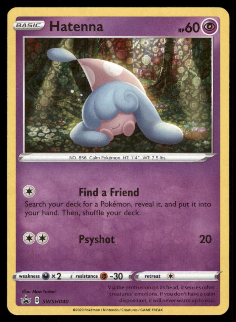 Hatenna SWSH040 Holo Sword & Shield Promo Pokemon Card: We offer combined shipping on multiple items. Buyers may also arrange their own shipping. LiveShipping is a separate and independent option for shipping that is NOT a part of the auction house or thei