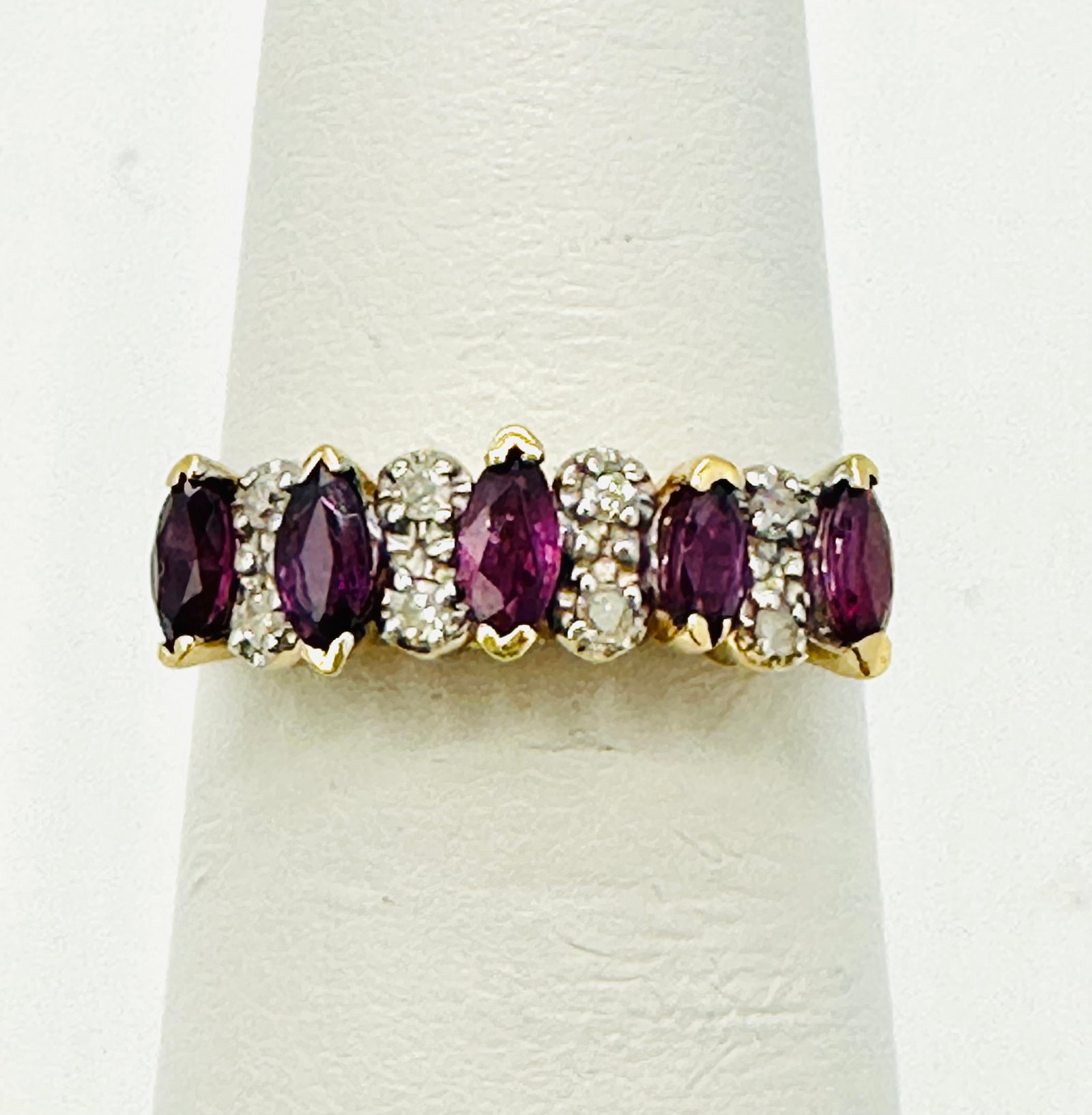 Natural Ruby and Diamond Ring,14KT Yellow Gold # 2734: # 2734 Natural Ruby and Diamond Ring,14KT Yellow Gold 8 pieces Diamond 0.04 carat(t.w.) 5 pieces marquis ruby 0.40 carat( t.w.) Ring Weight: 1.90 grams(t.w.) Ring Size: 5.25
