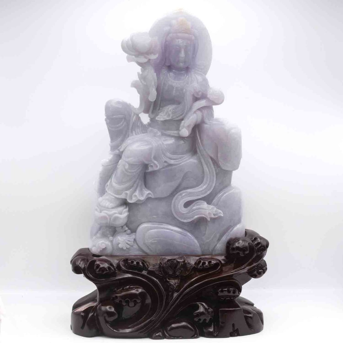 Chinese Carved Natural Lavender Jadeite Large Guanyin Sculpture: Medium: Natural Lavender Jadeite Size: 14.5x5x9 inches Age/Detail: Chinese Carved Condition: Tested with black light, and bright light shows granular structure, great overall, check photo for conditio