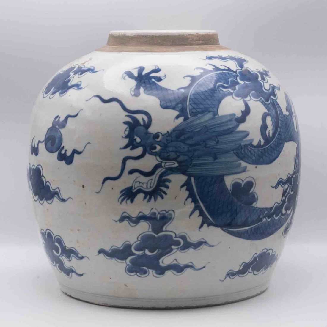 Large Antique Qing Chinese Blue & White Porcelain Dragon Porcelain Jar (1 of 7)
