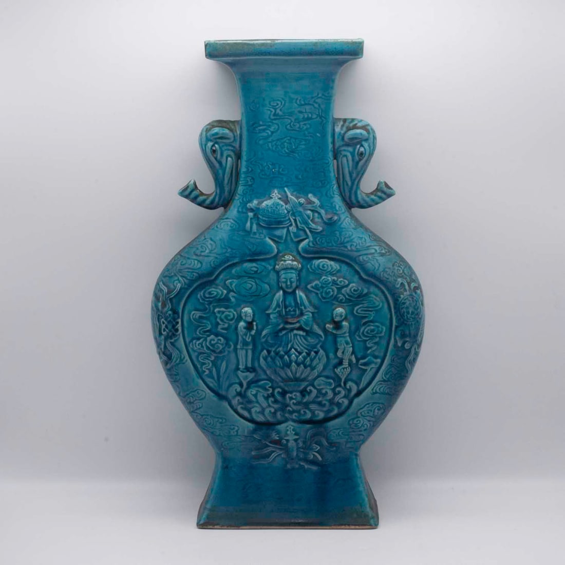 Vintage Chinese Export Turquoise Glazed Porcelain Guanyin Vase: Medium: Turquoise Glazed Porcelain Size: 7.7x3.3x13.5 inches Age/Detail: Vintage Chinese Export Condition: great overall, check photo for condition reference. Provenance: Collection from Estate in Wil