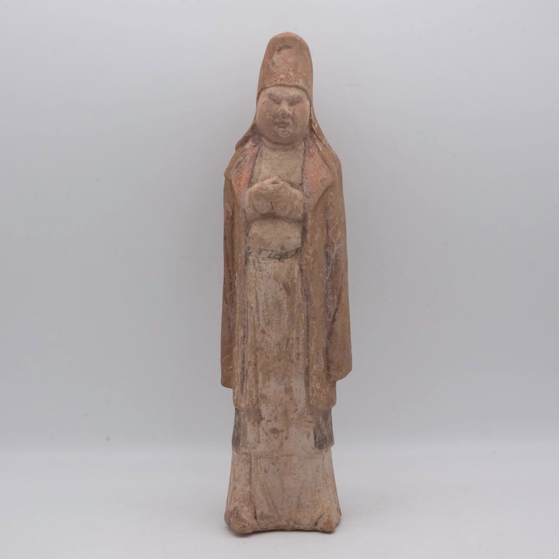 Antique Chinese Tang Dynasty Painted Pottery Guardian Figure: Medium: Painted Pottery Size: 3x2.3x10 inches Age/Detail: Antique Chinese Tang Dynasty Condition: great overall, check photo for condition reference. A Chinese painted pottery figure modeled as a stan
