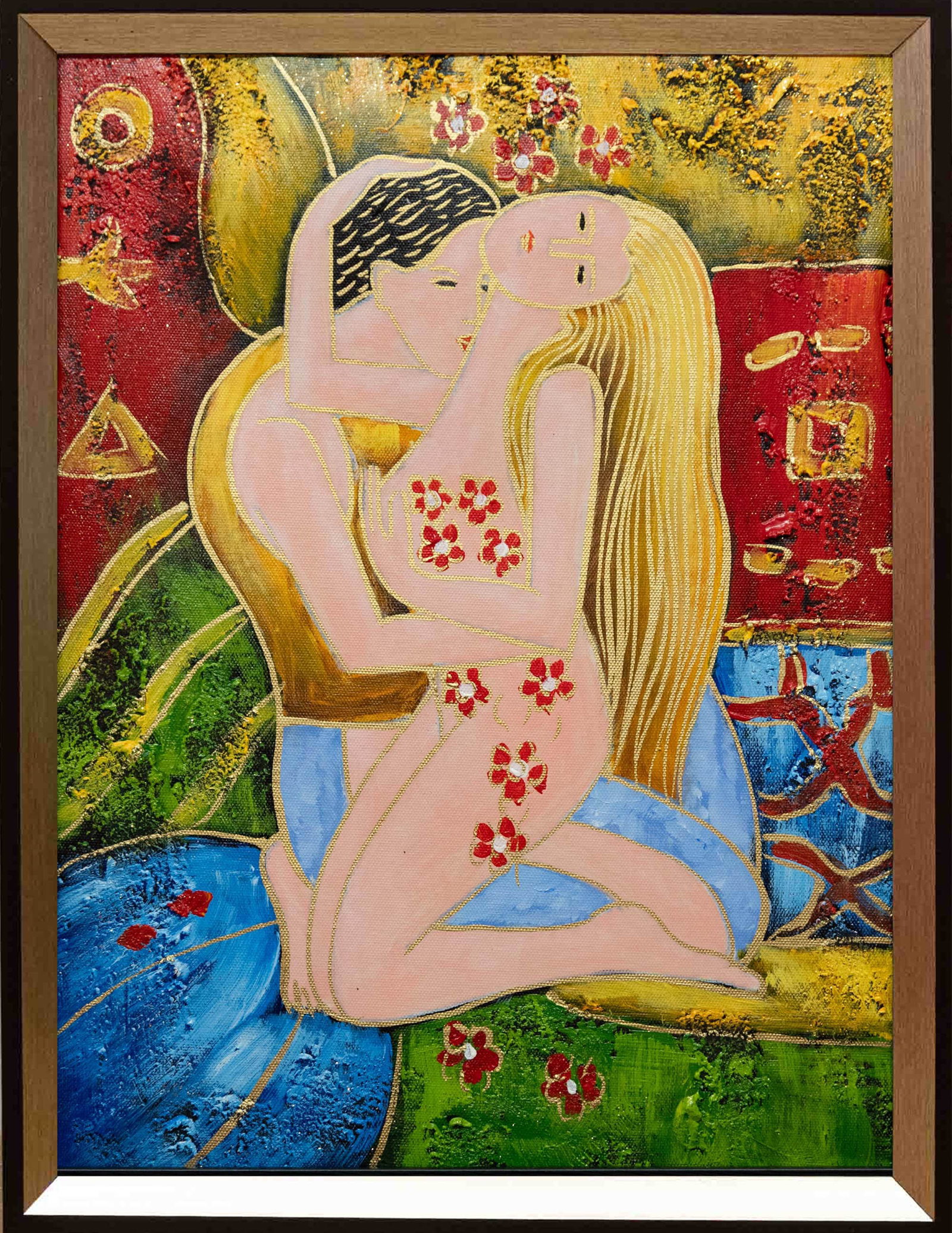 Contemporary After Klimt Acrylic On Canvas "The Embrace": Title: The Embrace Medium: Acrylic On Canvas Size: 12 x 16 inches Frame: 13 x 17 inches Age: Contemporary Condition: Great overall condition Provenance: Collection from Estate in Free Port Please view