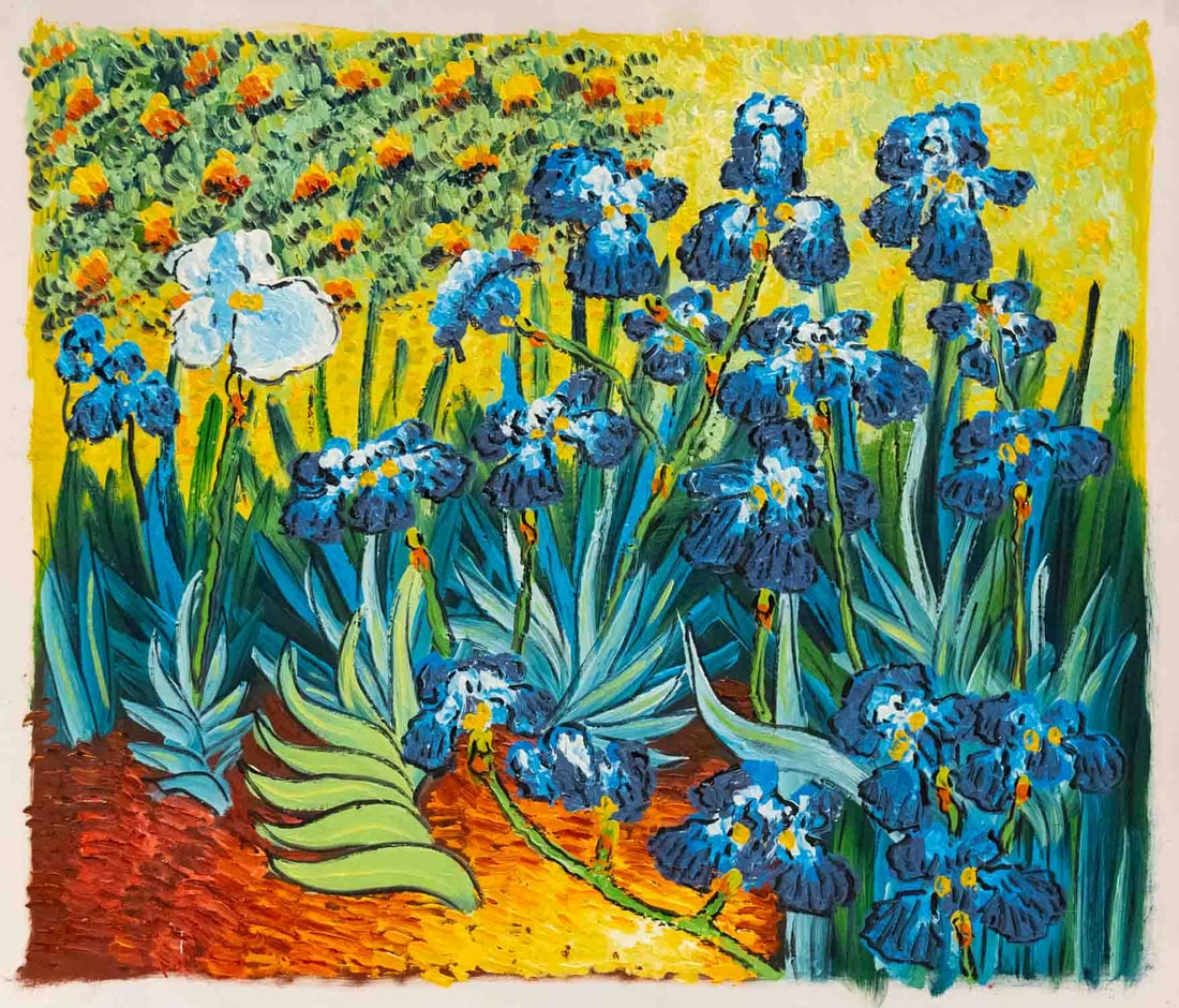 After Van Gogh Acrylic On Canvas "Irises": Title: Irises Medium: Acrylic On Canvas Size: 24 x 20 inches Condition: Great, hand painted, please check photo for condition reference Provenance: Please view all the photos as they are part of the c
