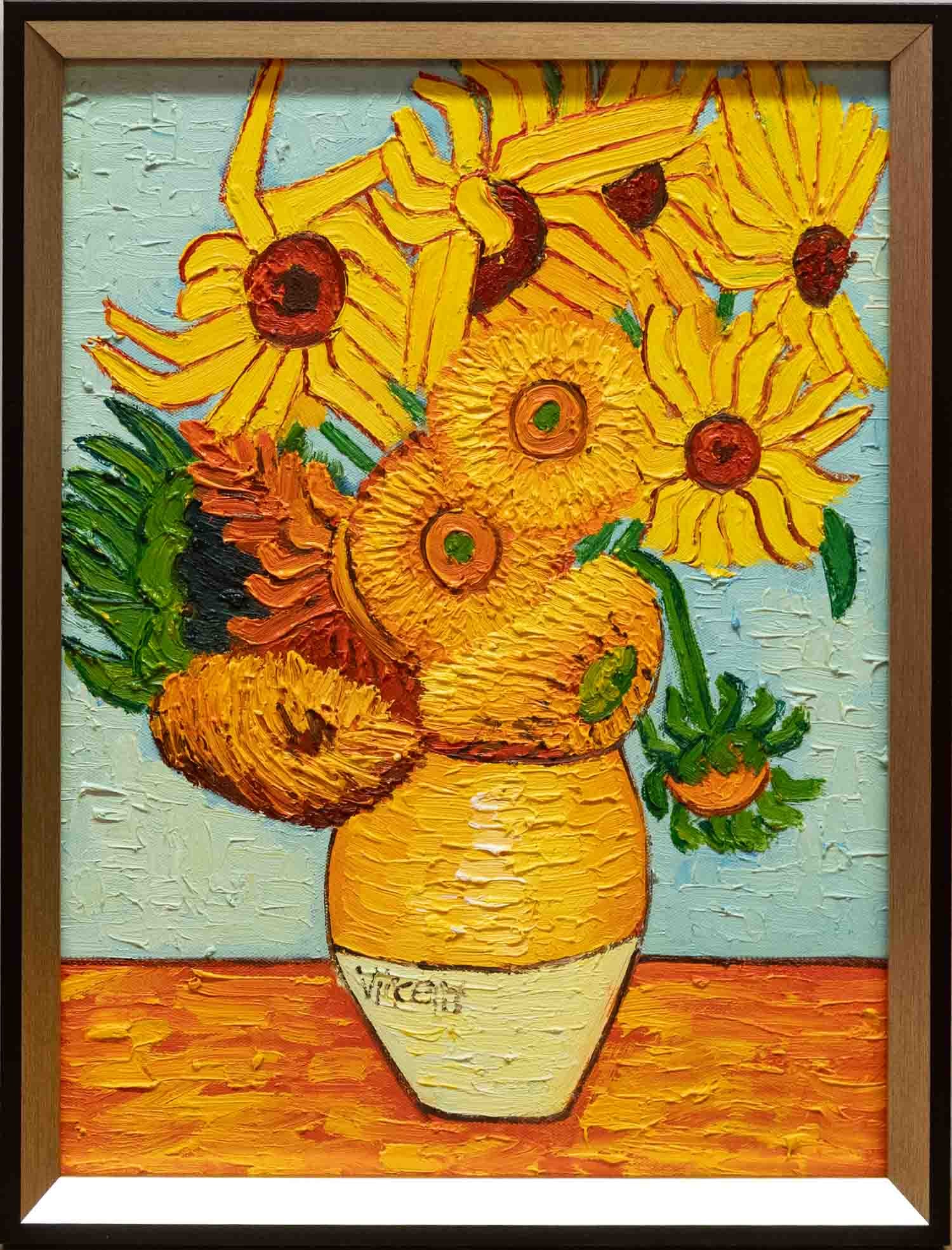 After Van Gogh Acrylic On Canvas "Sunflower 1": Title: Sunflower 1 Medium: Acrylic On Canvas Size: 16 x 12 inches Frame: 17 x 13 inches Age: Condition: Great, hand painted, please check photo for condition reference Signature: Unsigned Great for co