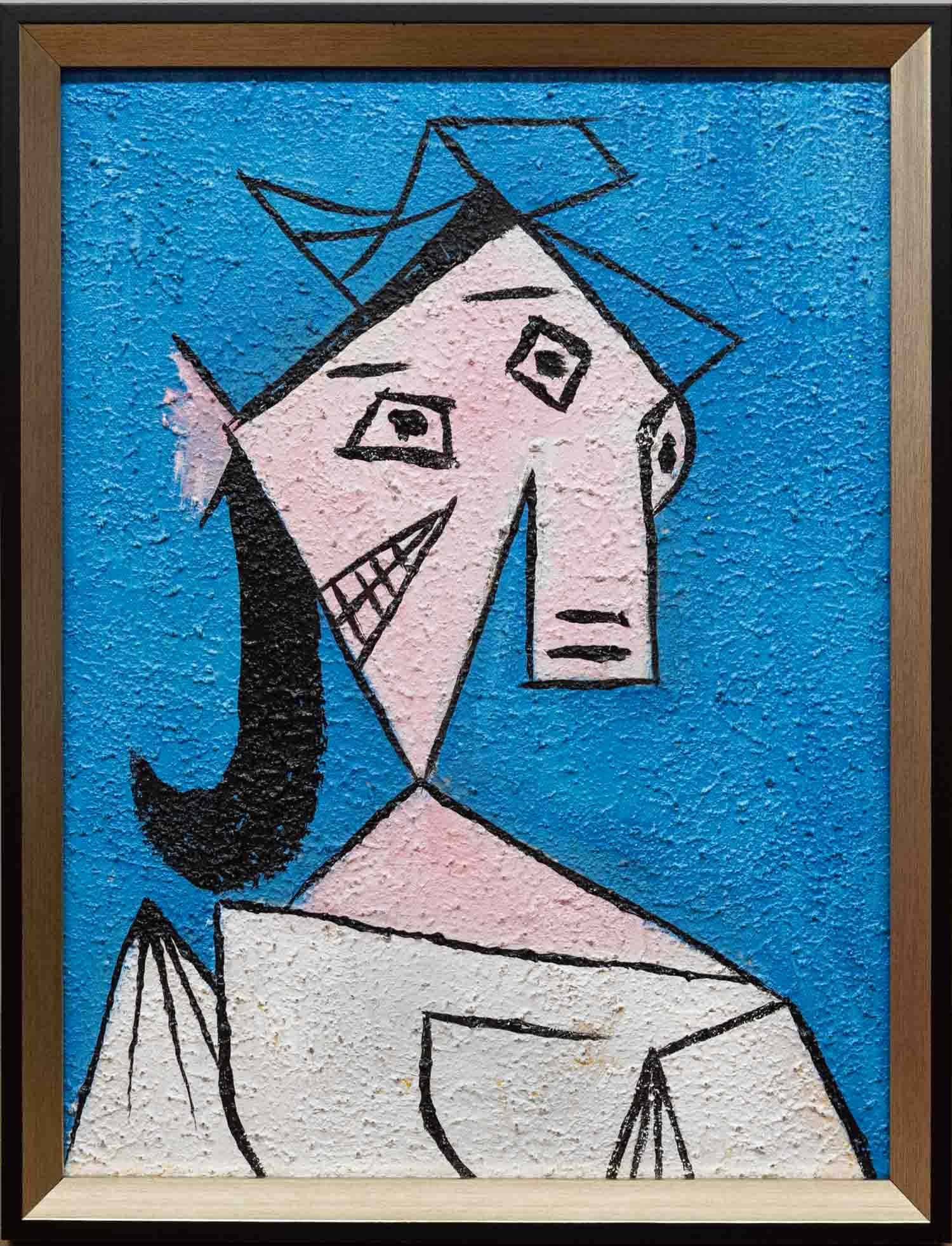 After Picasso Acrylic On Canvas "Woman With Blue": Title: Woman With Blue Medium: Acrylic On Canvas Size: 16 x 12 inches Frame: 17 x 13 inches Age: Condition: Great, hand painted, please check photo for condition reference Signature: Unsigned Great fo