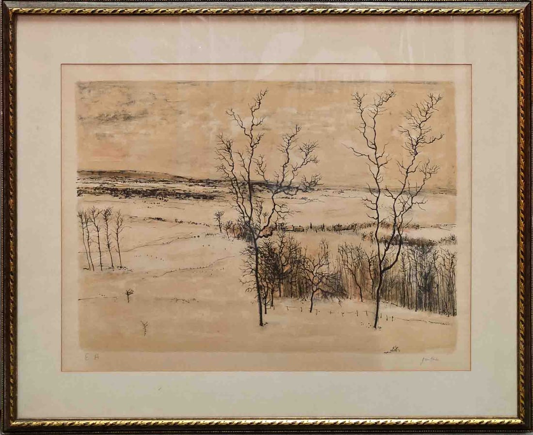 Vintage Impressionist Lithograph On Paper "Landscape With Trees": Title: Landscape With Trees Medium: Lithograph On Paper Size: 19 x 25 inches Frame: 27 x 33 inches Age: Vintage Condition: Great, please check photo for condition reference Provenance: Estate in Tribe