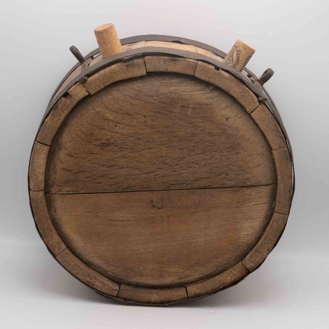 Vintage Wood Miniature Barrel Keg with Iron Bands and Cork Stoppers: Medium: Wood Size: 11x10.3x5.3 inches Age/Detail: Vintage Condition: great overall, check photo for condition reference. Provenance: Collection from Estate in Williamsburg Please view all the photos a