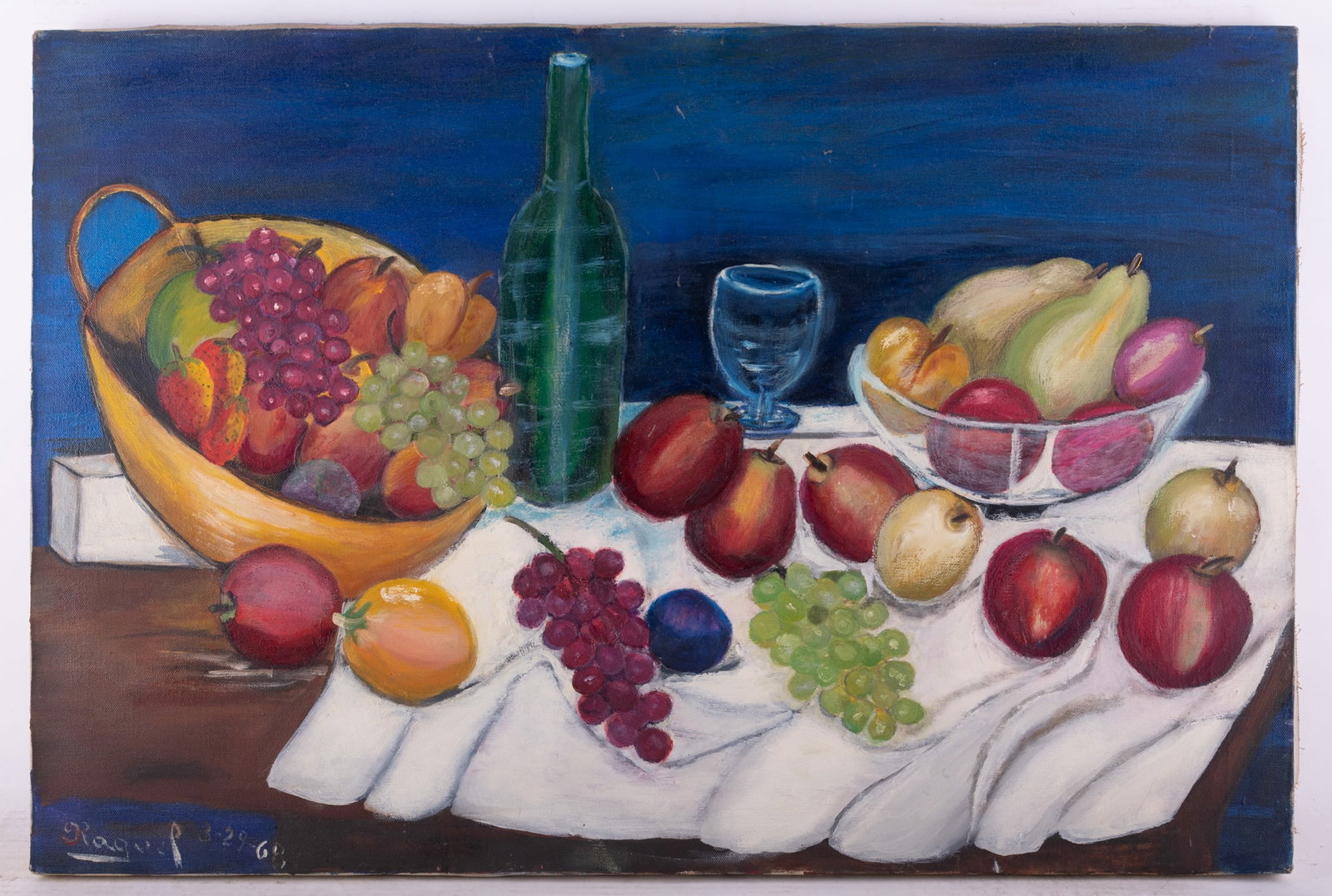 Vintage Modernist Oil On Canvas "Fruits And Wine": Title: Fruits And Wine Medium: Oil On Canvas Size: 20 x 30 inches Age: Vintage Condition: Item is in excellent condition. Signature: Raquel, 68 Great for collection or home decoration. Provenance: Col