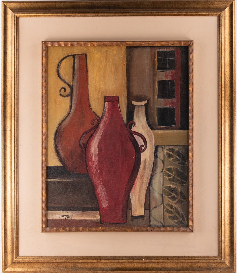 Vintage Modernist Oil On Board "Still Life": Title: Still Life Medium: Oil On Board Size: 29 x 23 inches Frame: 42 x 36 inches Age: Vintage Condition: Great overall Signature: Signed lower left Provenance: Collection from Estate in Westbury Plea