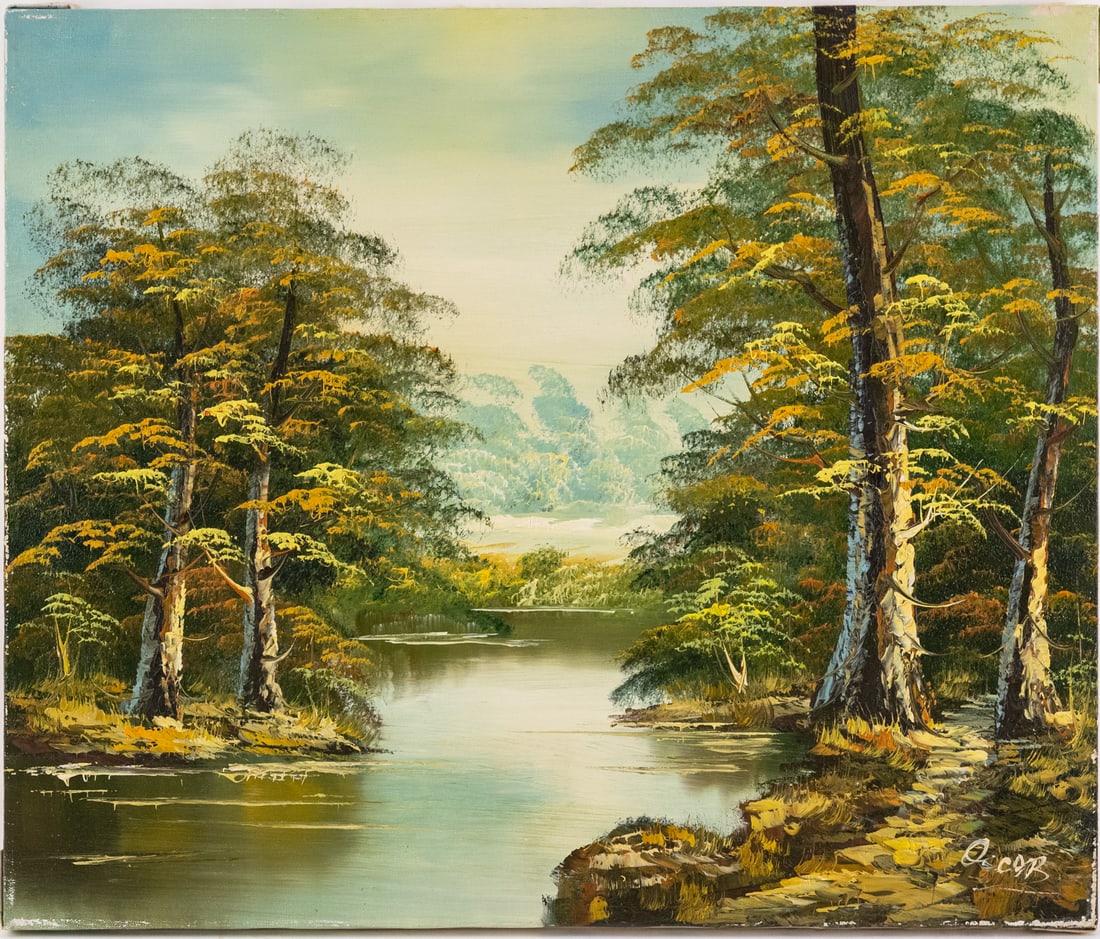 Vintage Impressionist Oil On Canvas "Forest River": Title: Forest River Medium: Oil On Canvas Size: 20 x 24 inches Age: Vintage Condition: Great Overall All Signature: Signed Provenance: Collection From Glen Cove Please view all the photos as they are 