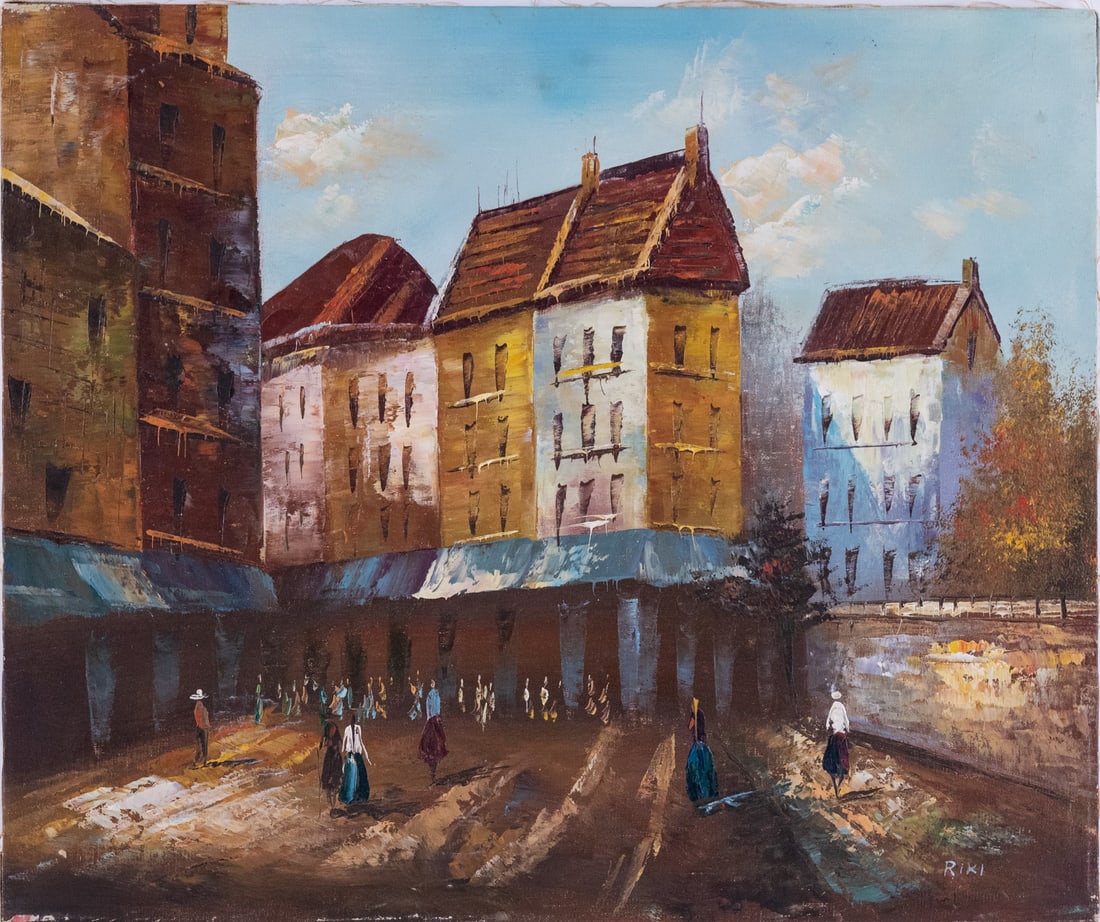 Vintage Scenic Oil On Canvas "Town Street Scene": Title: Town Street Scene Medium: Oil On Canvas Size: 20 x 24 inches Age: Vintage Condition: Great Overall All Signature: Signed Provenance: Collection From Glen Cove Please view all the photos as they