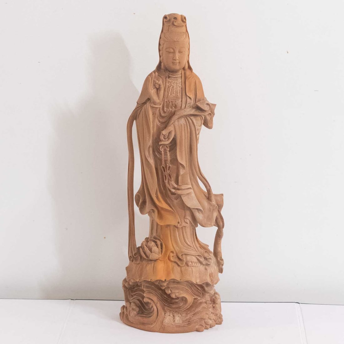 Chinese Carved Fragrant Sandalwood Guanyin Sculpture: Medium: Fragrant Sandalwood Size: 5.3x4x15 inches Age/Detail: Chinese Carved Condition: great overall, check photo for condition reference. Provenance: Collection from Estate in Williamsburg Please vi