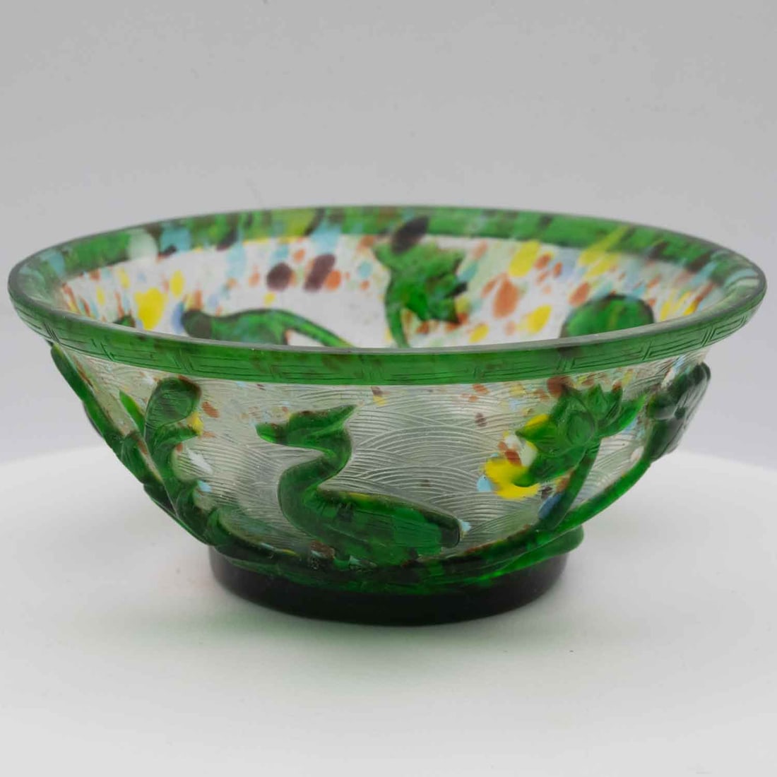 Vintage Chinese Colored Glass Bowl: Medium: Colored Glass Size: 2x5x5 inches Age/Detail: Vintage Chinese Condition: great overall, check photo for condition reference. Provenance: Collection from Estate in Tribecca Please view all the p
