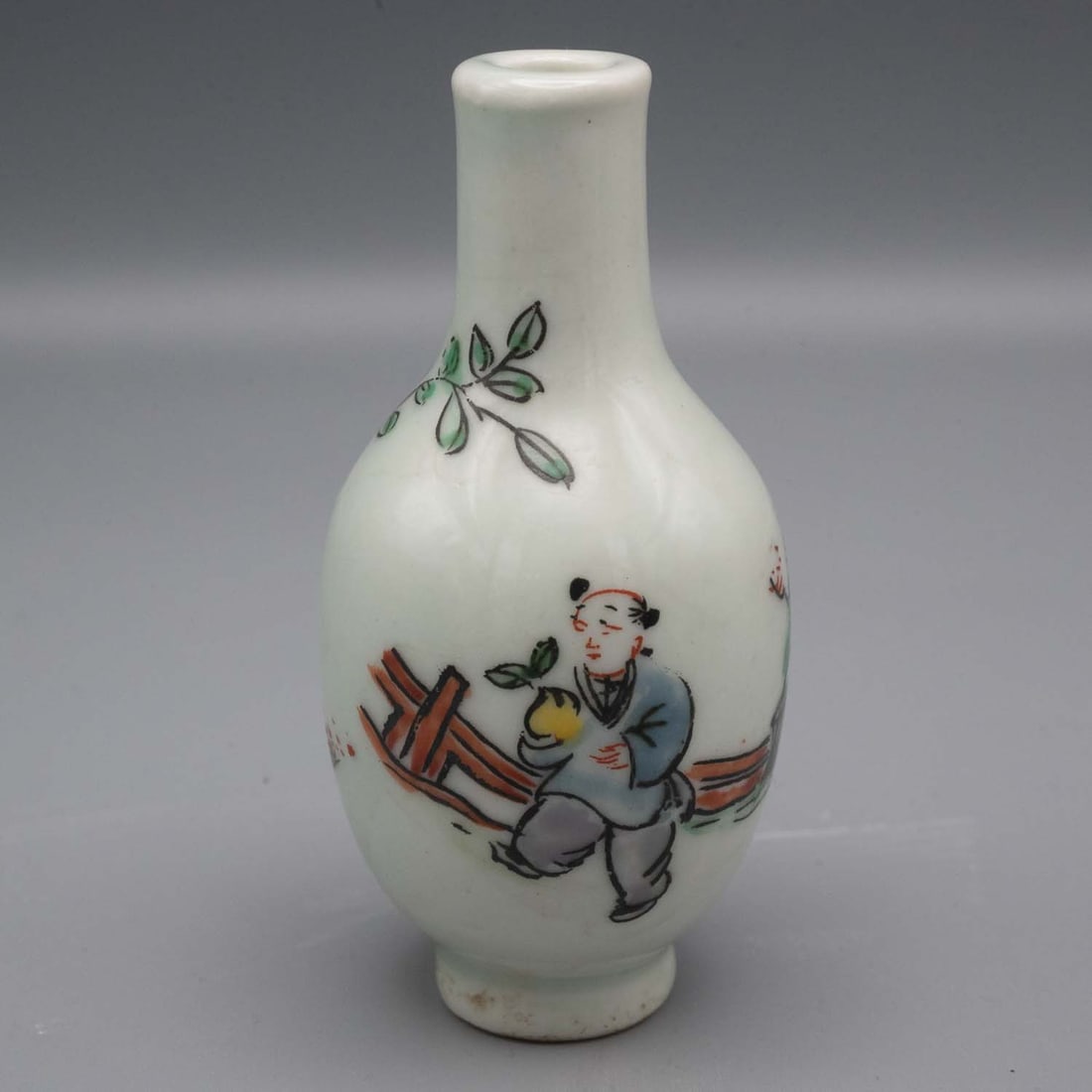 Antique Chinese Qing/Republic Porcelain Snuff Bottle, Boy: Medium: Porcelain Size: 1.5x1.5x3 inches Age/Detail: Antique Chinese Qing/Republic Condition: great overall, check photo for condition reference. Chinese porcelain miniature vase of pear form, decorat