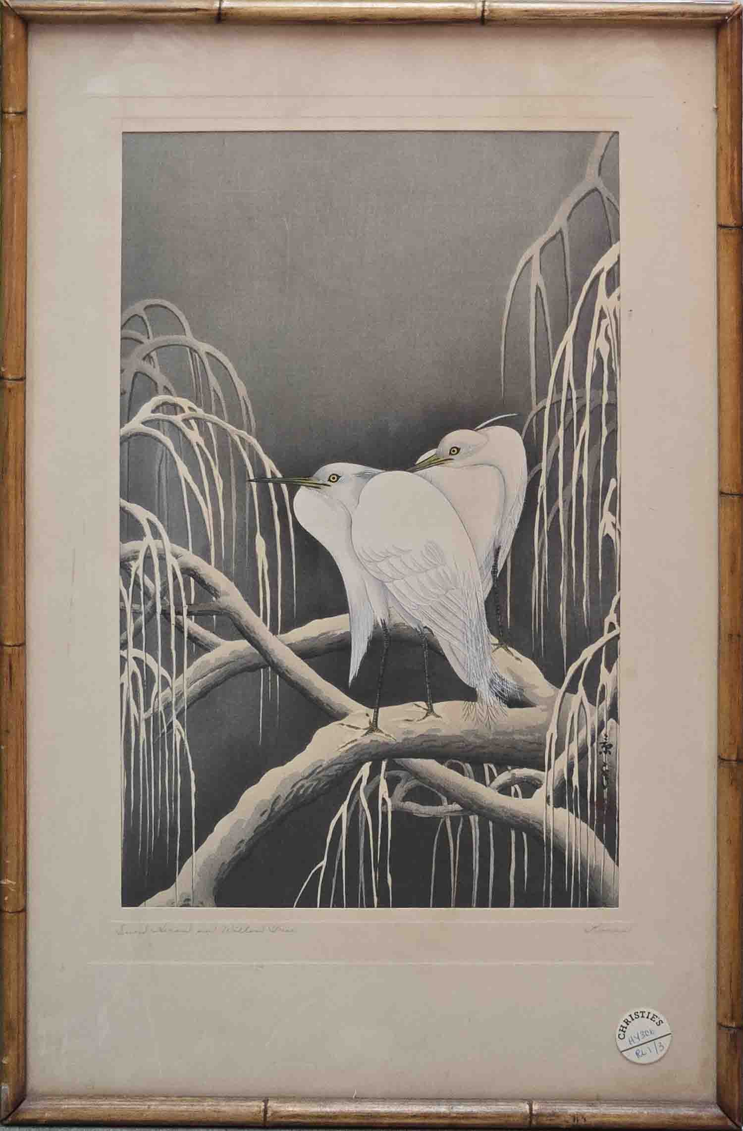 Old Imao Keinen Ukiyo-e On Paper "Two Egrets On Willard Tree": Title: Two Egrets On Willard Tree Medium: Ukiyo-e On Paper Size: 14 x 9 inches Frame: 20 x 15 inches Age: Old Condition: Great, please check photo for condition reference Provenance: Pencil Signed Est