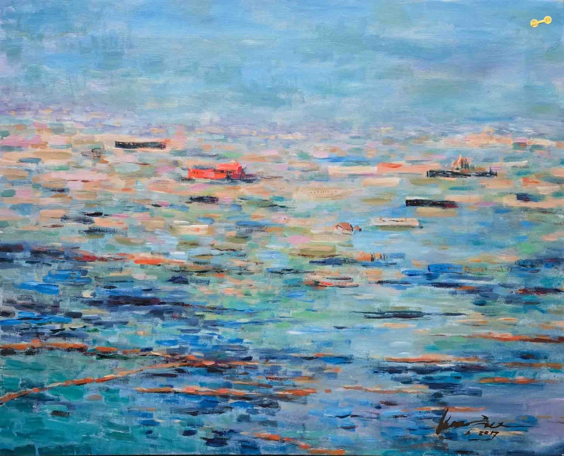 Abstract Oil On Canvas "Seascape": Title: Seascape Medium: Oil On Canvas Size: 29 x 36 inches Frame: 29 x 36 inches Age: Condition: Great, please check photo for condition reference Provenance: Signed Estate in Tribeca Combined shippin