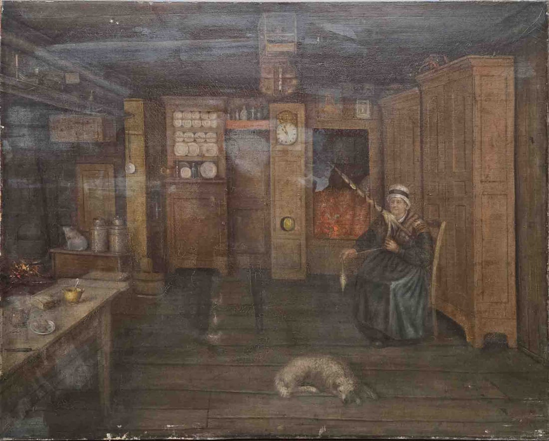 Vintage Interior Oil On Canvas "Grandma And Sleeping Dog": Title: Grandma And Sleeping Dog Medium: Oil On Canvas Size: 25 x 31.5 inches Frame: 25 x 31.5 inches Age: Vintage Condition: Great, please check photo for condition reference Provenance: Unsigned Esta
