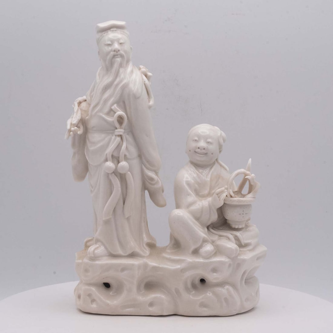 Antique Late Qing Chinese Dehua Blanc-de-Chine Porcelain Lü Dongbin & Attendant Group Figure: Medium: Dehua Blanc-de-Chine Porcelain Size: 4.8x2.3x7 inches Age/Detail: Antique Late Qing Chinese Condition: 2 small damage, check photo for condition reference. Provenance: Please view all the phot