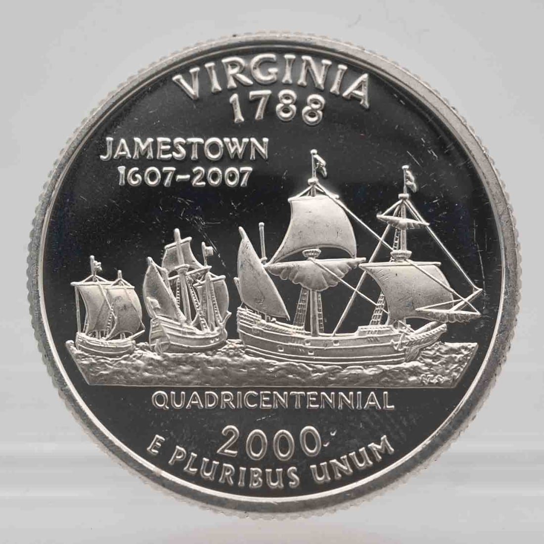 2000 American Proof State Silver Quarter Virginia: MLC01283 Provenance: Acquired from reputable coin dealers. Subject: American Proof State Silver Quarter Virginia Medium: 900 Silver Year: 2000 Condition: AU+/MS- Sample photo, might have different scr