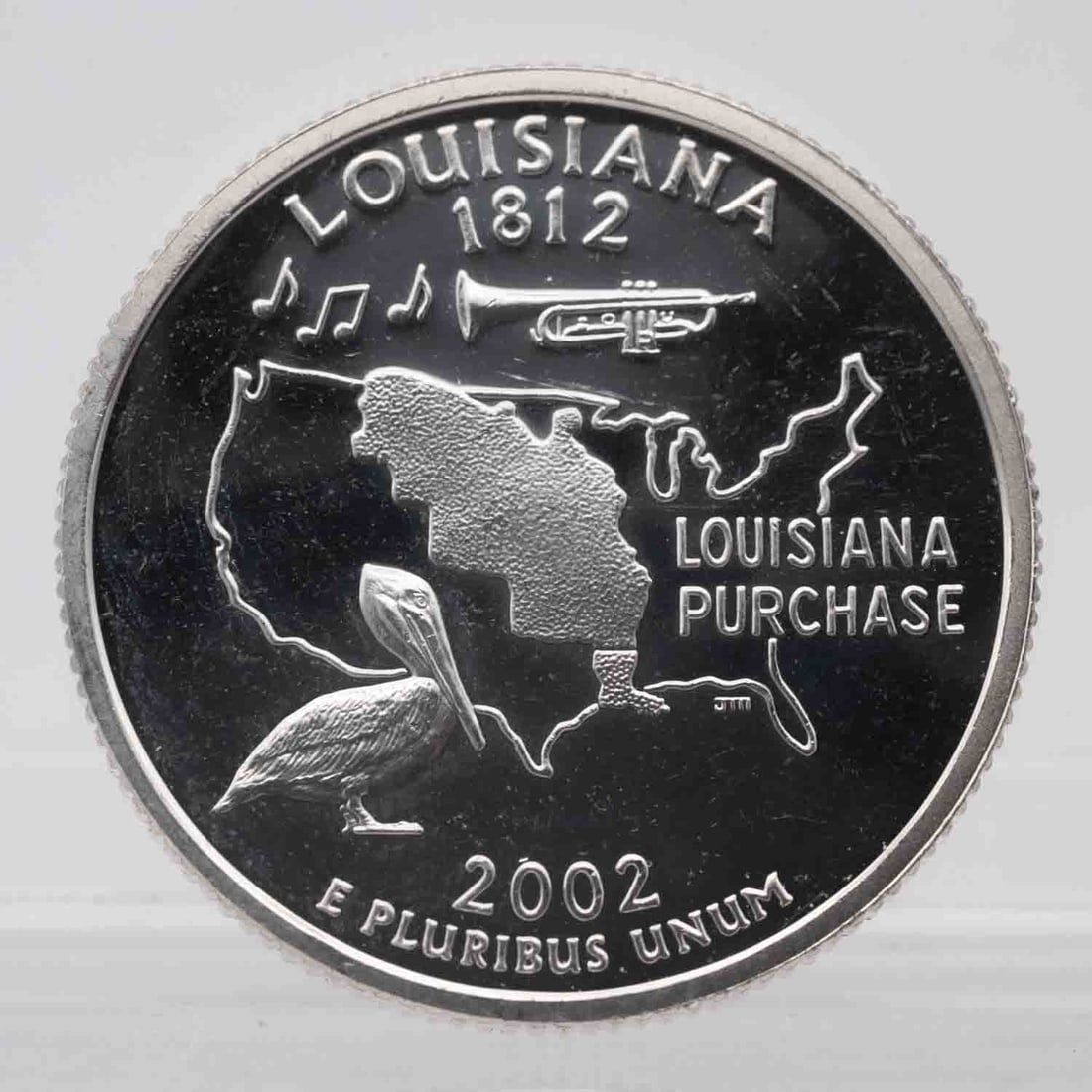 2002 American Proof Silver Quarter Louisiana: MLC01178 Provenance: Acquired from reputable coin dealers. Subject: American Proof Silver Quarter Louisiana Medium: 900 Silver, approx 0.18 ozt Year: 2002 Condition: MS/AU+, Proof Note, multiple avail
