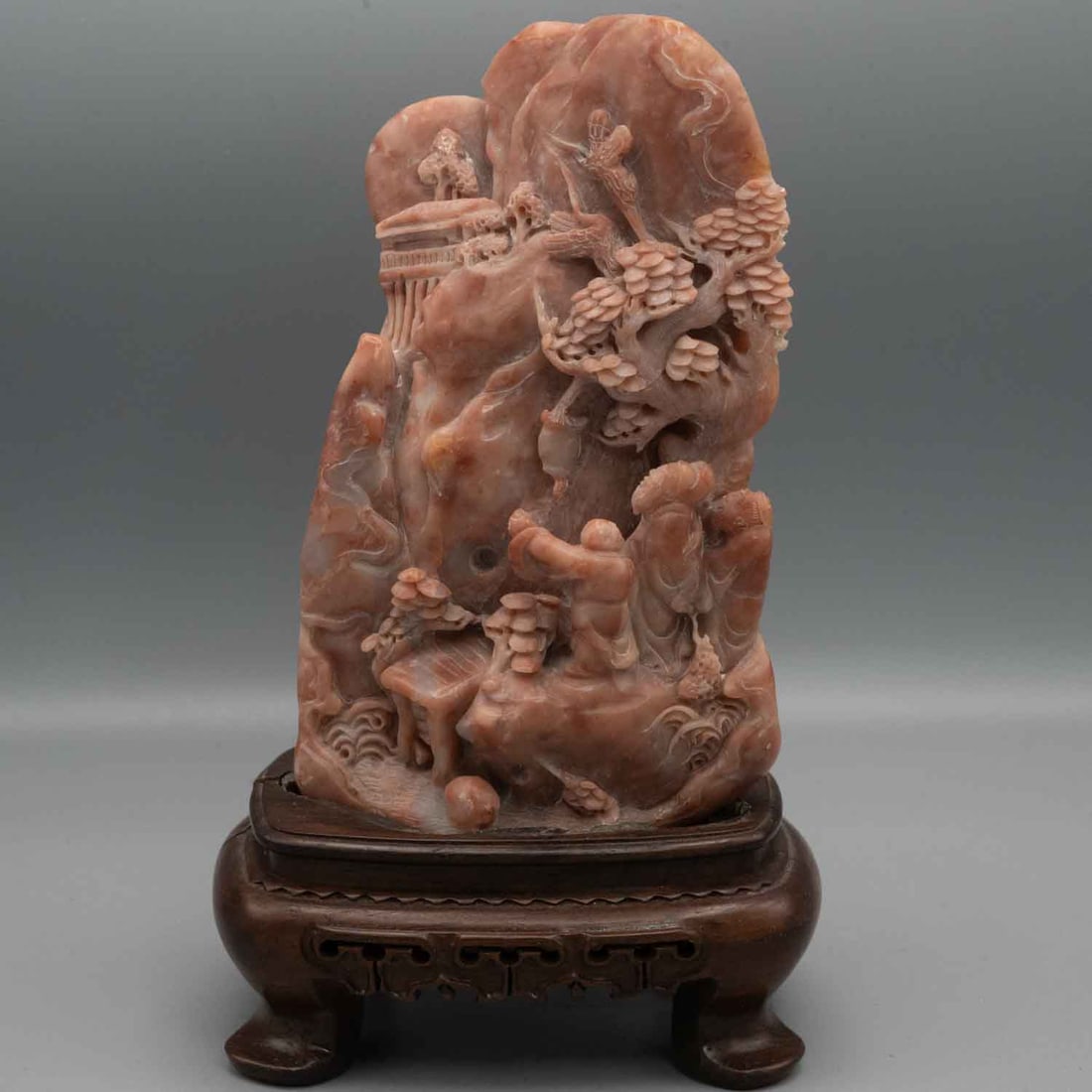 Old Chinese Carved Shoushan Stone Scholar Landscape Figure: Medium: Shoushan Stone Size: 4x3.3x7 inches Age/Detail: Old Chinese Carved Condition: great overall, crackers on the base, check photo for condition reference. Provenance: Collection from Estate in Wi